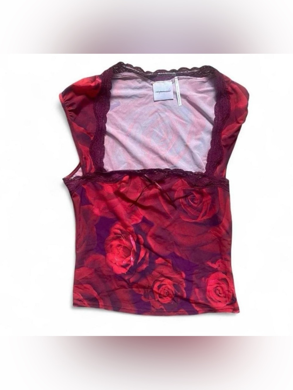 Out From Under Red rose print crop top with lace trim and square neckline M New
